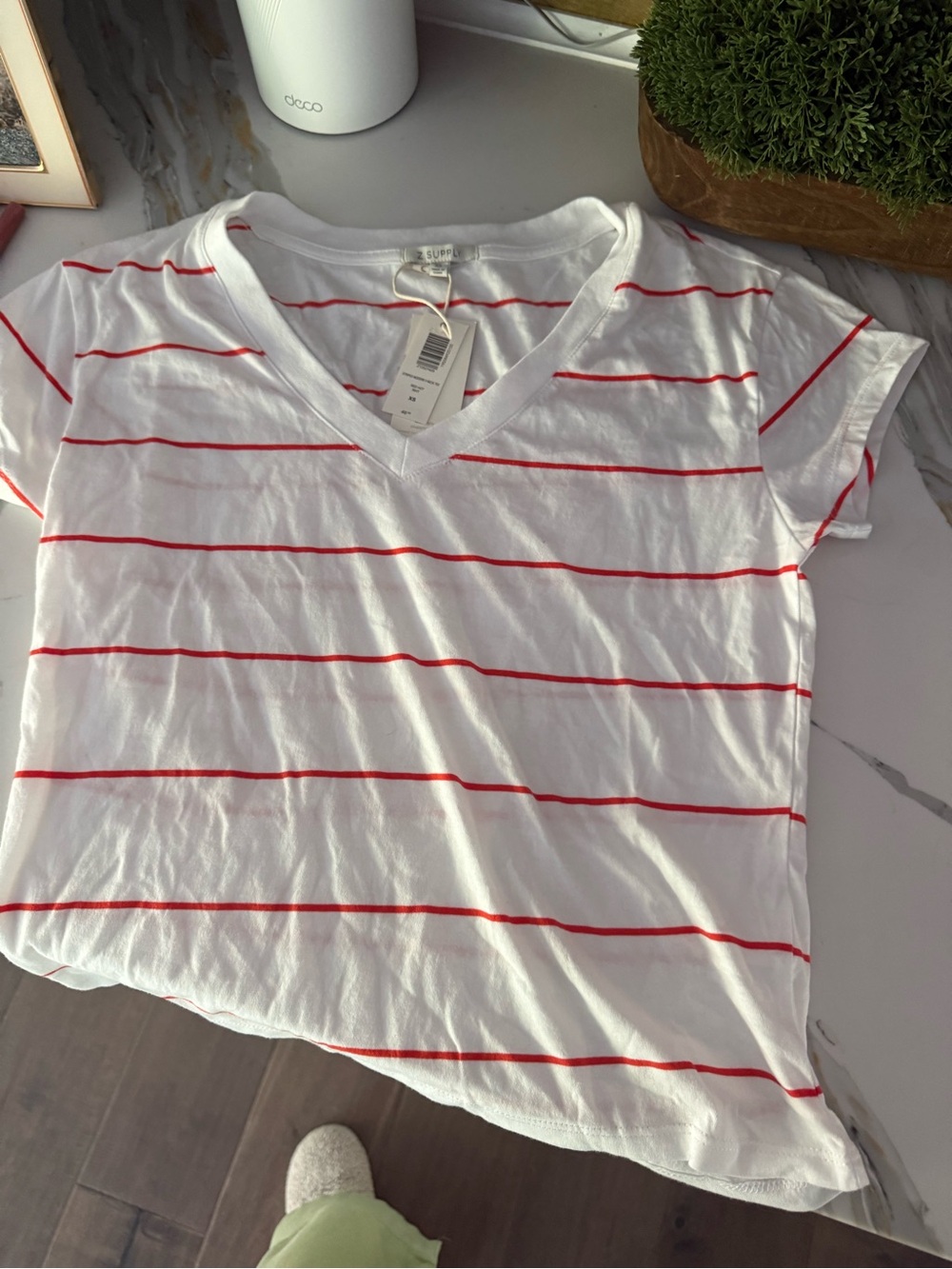 Z Supply White V-Neck Tee with Red Stripes